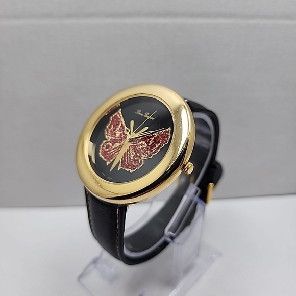 Womens Pierre Bernard Butterfly Watch Gold Glitter Black Leather New Battery main image 12